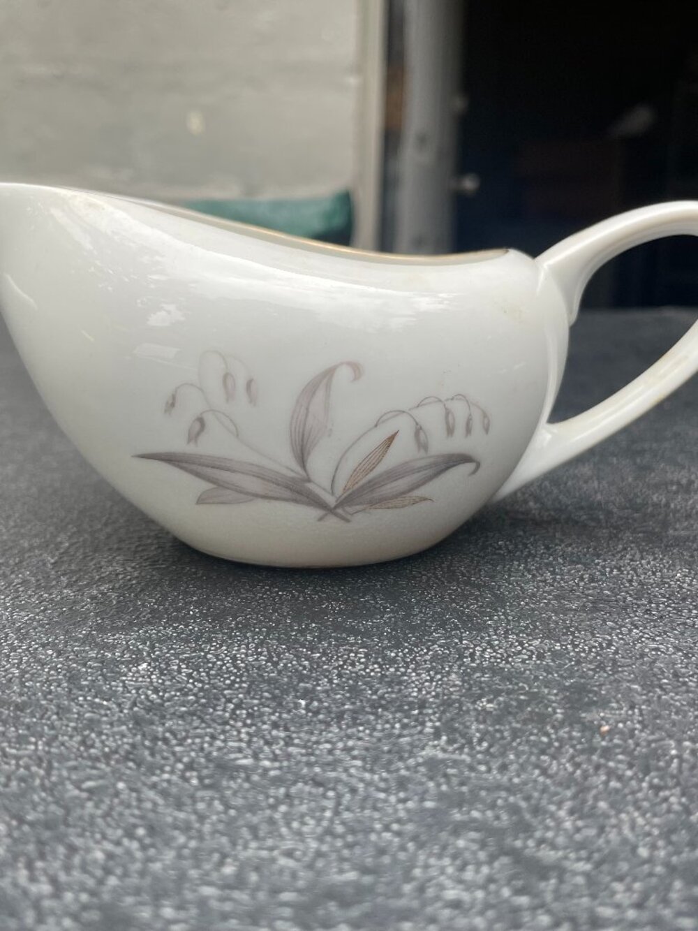 Vintage Creamer China Gray Leaf Gold Trim Tea Serving Decor